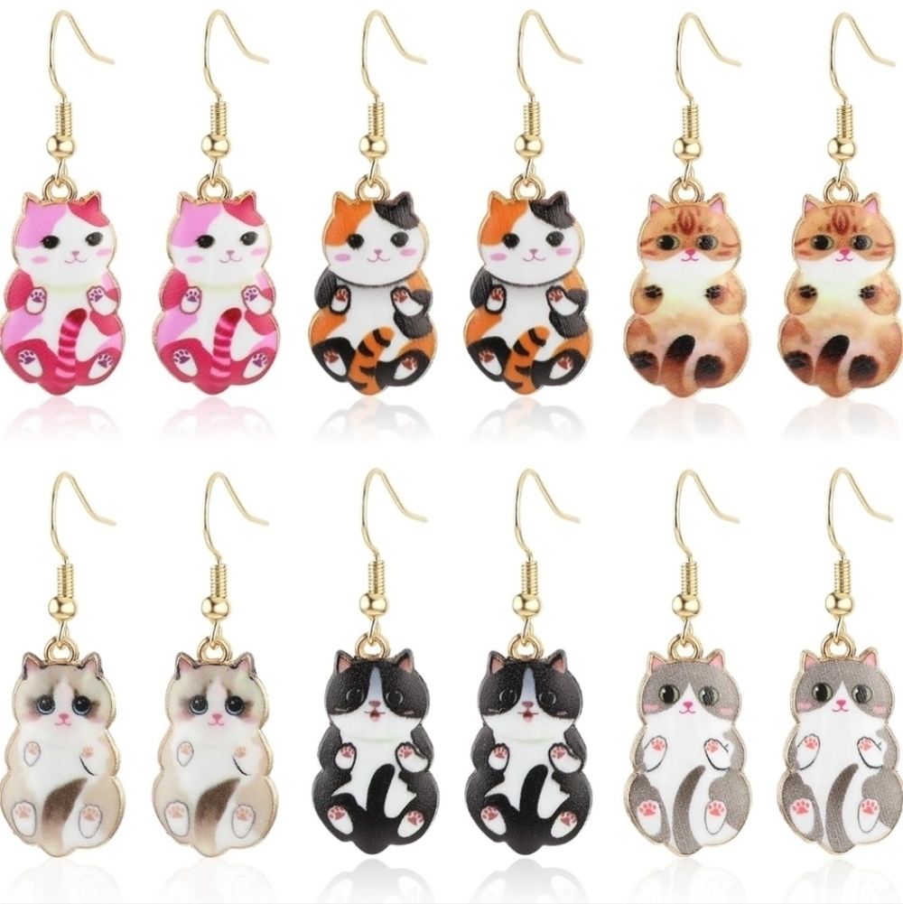 6 Pairs Cute Cat Earrings Set Pink Brown Gold Womens Jewelry Vintage Style